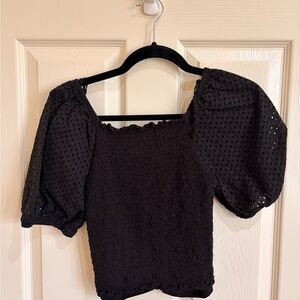 GAP Black Eyelet Puff Sleeve Smocked Crop Top Size Small